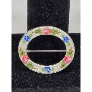 La Mode Sterling Silver Enamel Vintage Flower Blossom Wreath Brooch Oval Pin 925